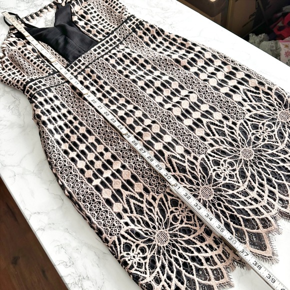 Harlyn Blush & Black Lace Overlay Sheath Cocktail Dress Scallop Hem Size Medium - Picture 13 of 15